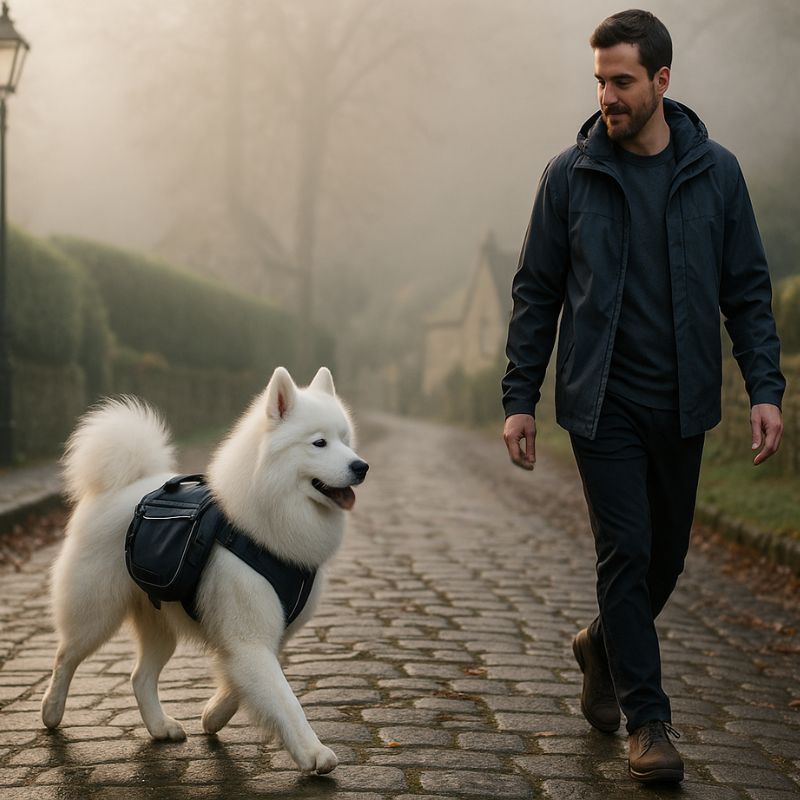 Man walking dog with PawPack Pro™ backpack harness on a misty UK path – hands-free dog walking gear.