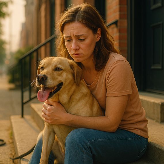 Concerned woman comforting overheated dog after walk—high temperature risks for pets during summer.