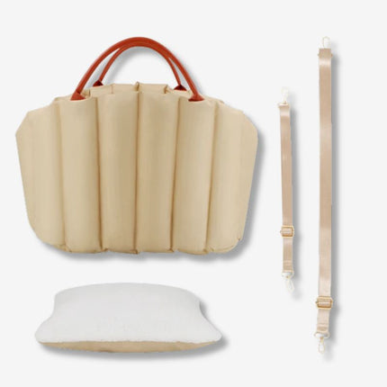 Beige dog carrier and pillow set includes adjustable carrying straps