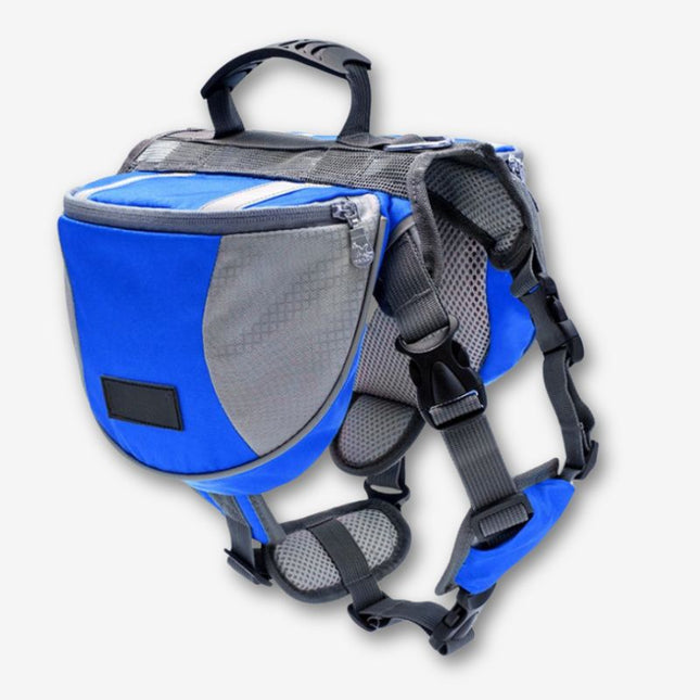 Blue reflective dog backpack with breathable mesh and padding