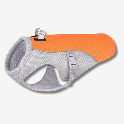 Bright orange dog cooling vest ChillTail Pro for heatstroke prevention in summer, breathable mesh design