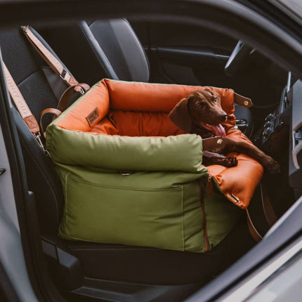 Brown Dachshund Relaxing in Green and Orange Car Seat Bed