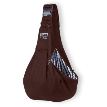 Brown dog holder sling carrier with adjustable strap and safety buckle