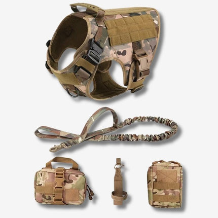 Camouflage tactical dog harness set UK with bungee leash and pouches
