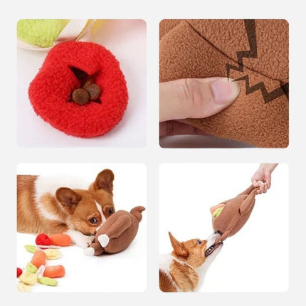 Close-up of dog toy treat pocket and squeaker