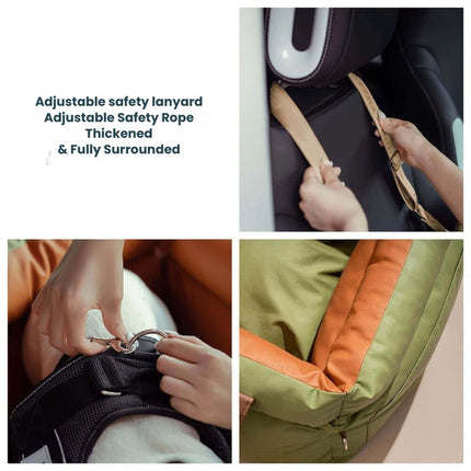 Close-up of brown and orange dog travel seat’s safety features