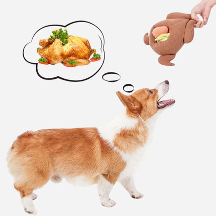 Dog exploring interactive turkey treat puzzle toy