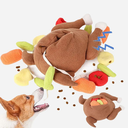 Dog playing with turkey snuffle toy and hidden treats