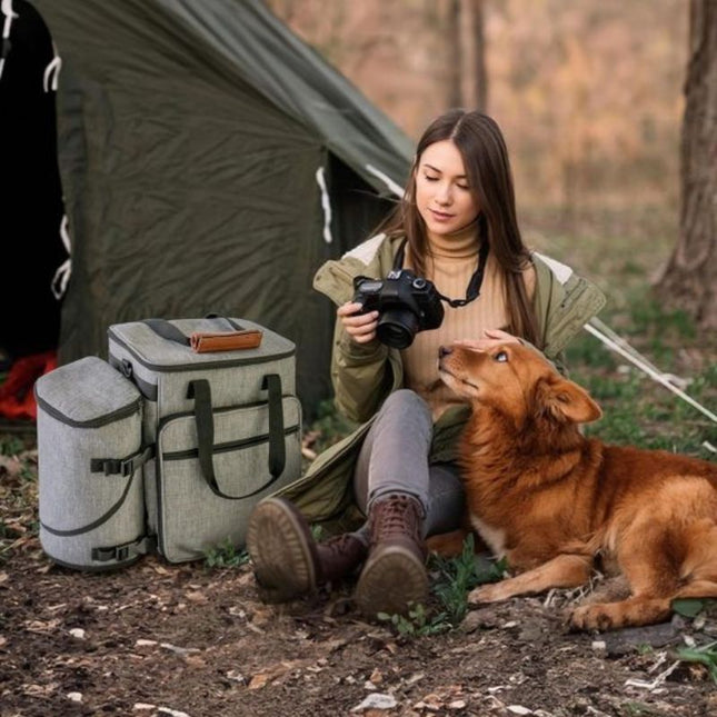 Dog Travel Backpack at Campsite with Owner