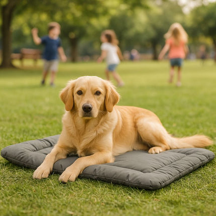 Dog lying on grey waterproof travel mat in public park