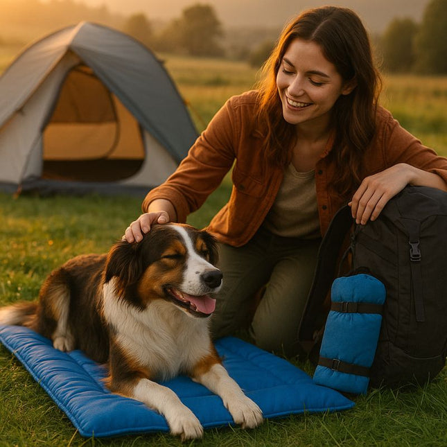Dog on blue travel dog bed at campsite golden hour