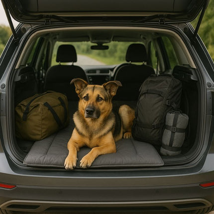 Dog on grey travel dog bed in car boot with gear