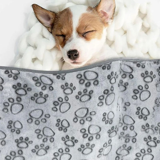 Dog wrapped in soft gray paw print dog blanket