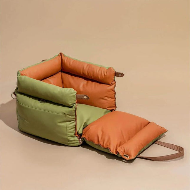 Folded Green and Orange Dog Car Seat Bed with Extendable Cushion