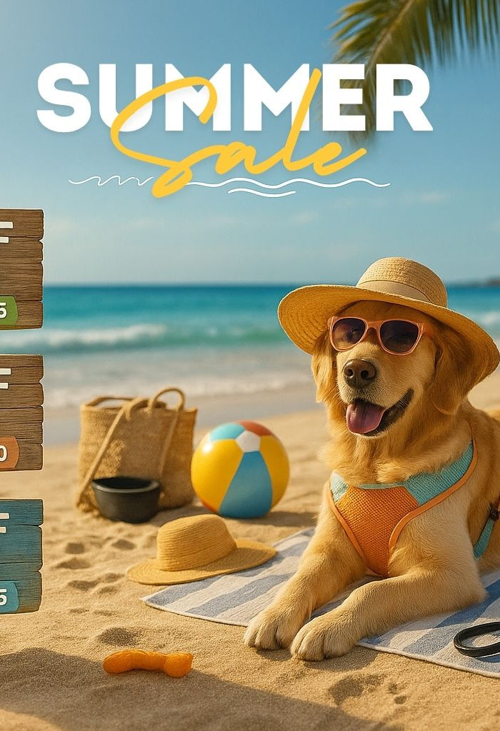 Golden retriever in sunglasses and sun hat lounging on a beach towel next to surf gear, next to wooden signs showing Peppy Puppy summer discount codes.
