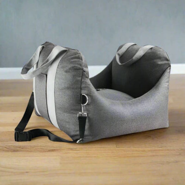 Gray pet booster seat safe and comfortable car travel option