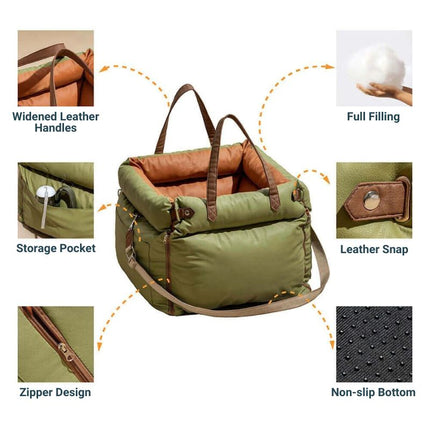 Green dog travel seat with storage pocket, leather snap, and thick filling