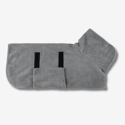 Grey dog drying coat with hood and straps