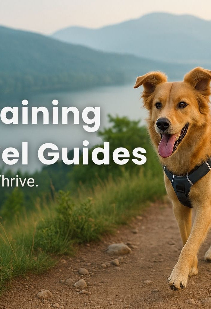 Happy golden retriever in a reflective dog harness walking on a mountain trail, promoting off-leash dog training tips and travel guides for active dog parents.
