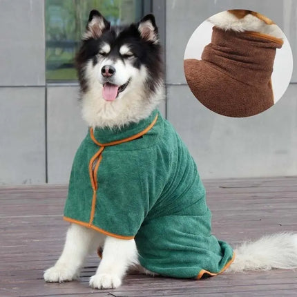 Husky in green dog drying robe outdoors