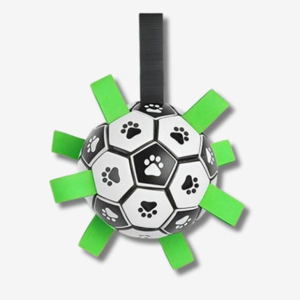 Interactive dog ball with green grab tabs for tug and fetch