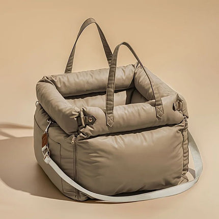 Khaki Beige Dog Car Seat Carrier with Creamy White Strap