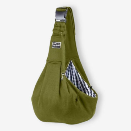 Olive green dog sling carrier showcasing secure adjustable strap and breathable design