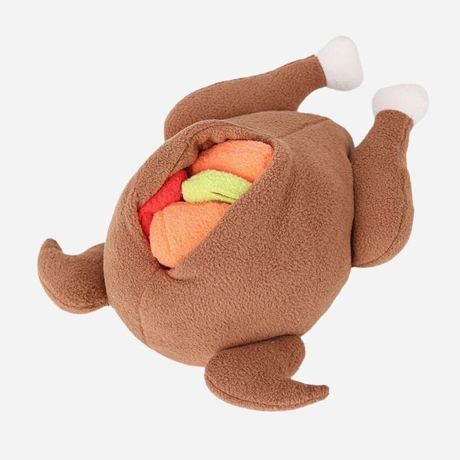Plush turkey snuffle toy filled with dog treats