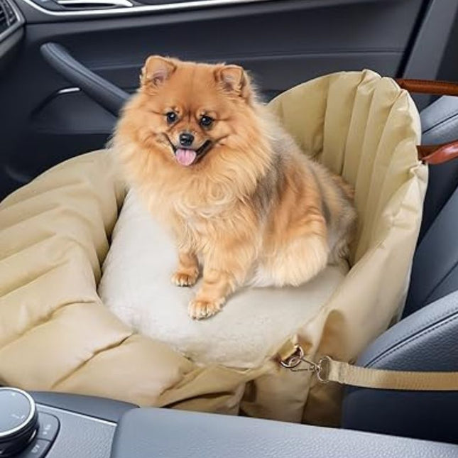 Pomeranian dog in a cozy beige dog car seat
