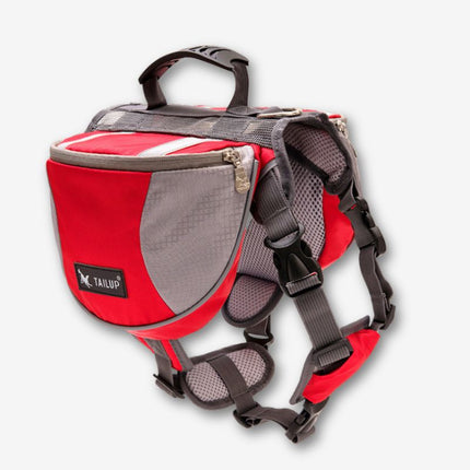 Red dog training backpack with logo and breathable straps