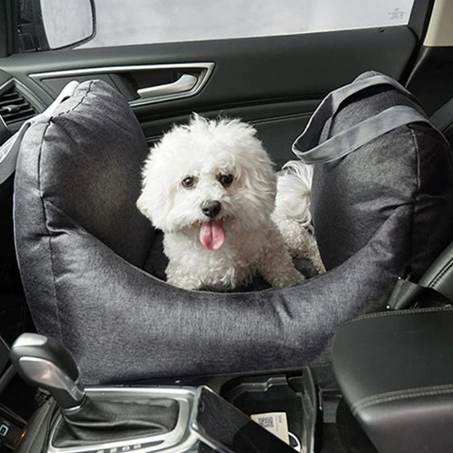 Small dog enjoying safe ride in cozy dog car seat