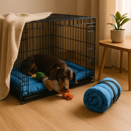 Small dog sleeping on red crate bed with folded mat nearby