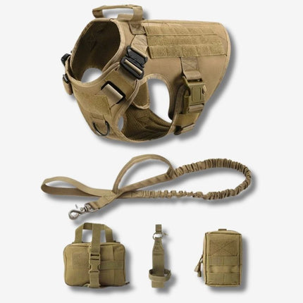 Tan tactical dog harness and leash combo with bottle holder