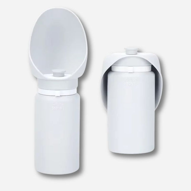 Two grey dog water bottles shown folded and open