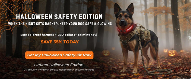 German Shepherd wearing GlowTrack LED collar and ValorK9 tactical harness in foggy autumn forest with pumpkins — Halloween dog safety bundle UK.