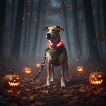 Dog wearing tactical harness and glowing LED collar in dark forest with Halloween pumpkins — dog safety kit UK.