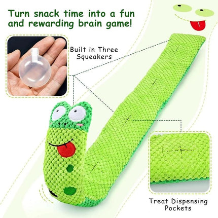 plush dog toy with squeakers and treat hiding pockets shown unrolled